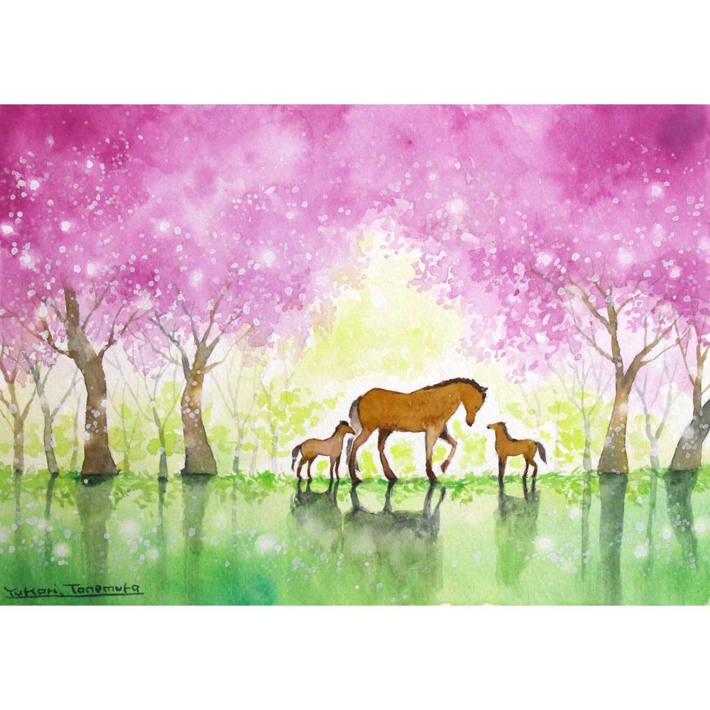 原画）桜並木と馬（午）の風景【SMサイズ／水彩画／#2892】2026干支