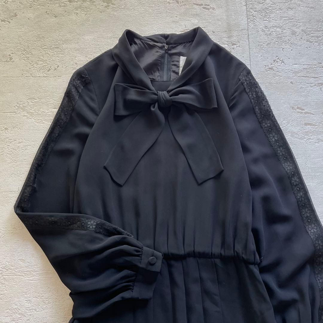 東京ソワール ブラック リボンタイ長袖ロングワンピース プリーツ フォーマル