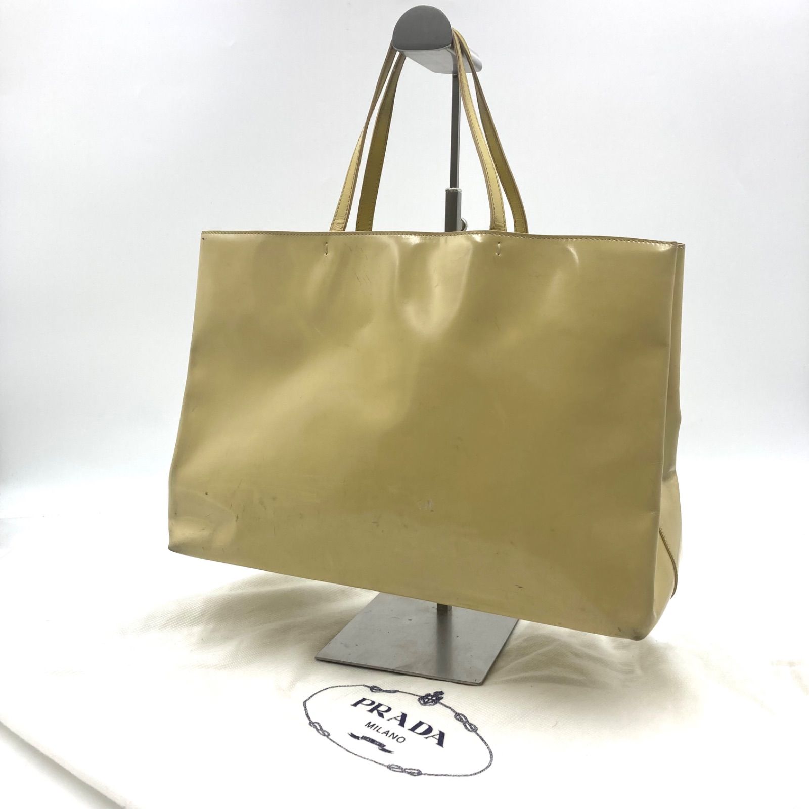 PRADA プラダ メタリックレザートートバッグ ロゴ型押し ベージュ 