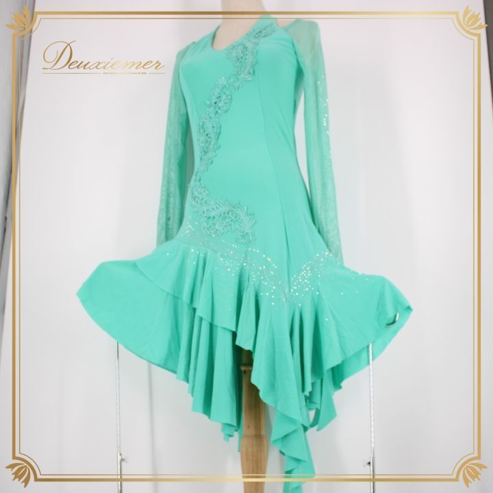 社交ダンス 衣装 ラテン ドレス ワンピース パーティ衣装 Leirena レイリーナ 青緑 ミントグリーン系 ラインストーン レース 長袖 派手 スリムフィット 伸縮性 おしゃれ フォーマル 舞台衣装 ダンスパフォーマンス 高品質 大人用 レディース ビビッ