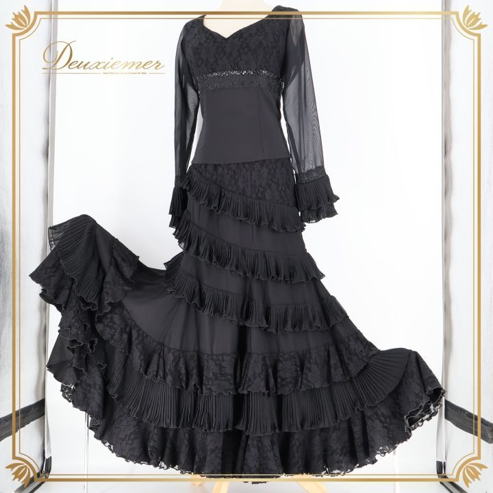 フラメンコ 衣装 ソニアジョーンズ SONIA JOHNES ツーピース セットアップ トップス ファルダ スカート 黒 レース ボランテ フリル ダンス 感 上品 ブラック系 フラメンコ衣装 フ 2ピース デザイン シンプル エレガント