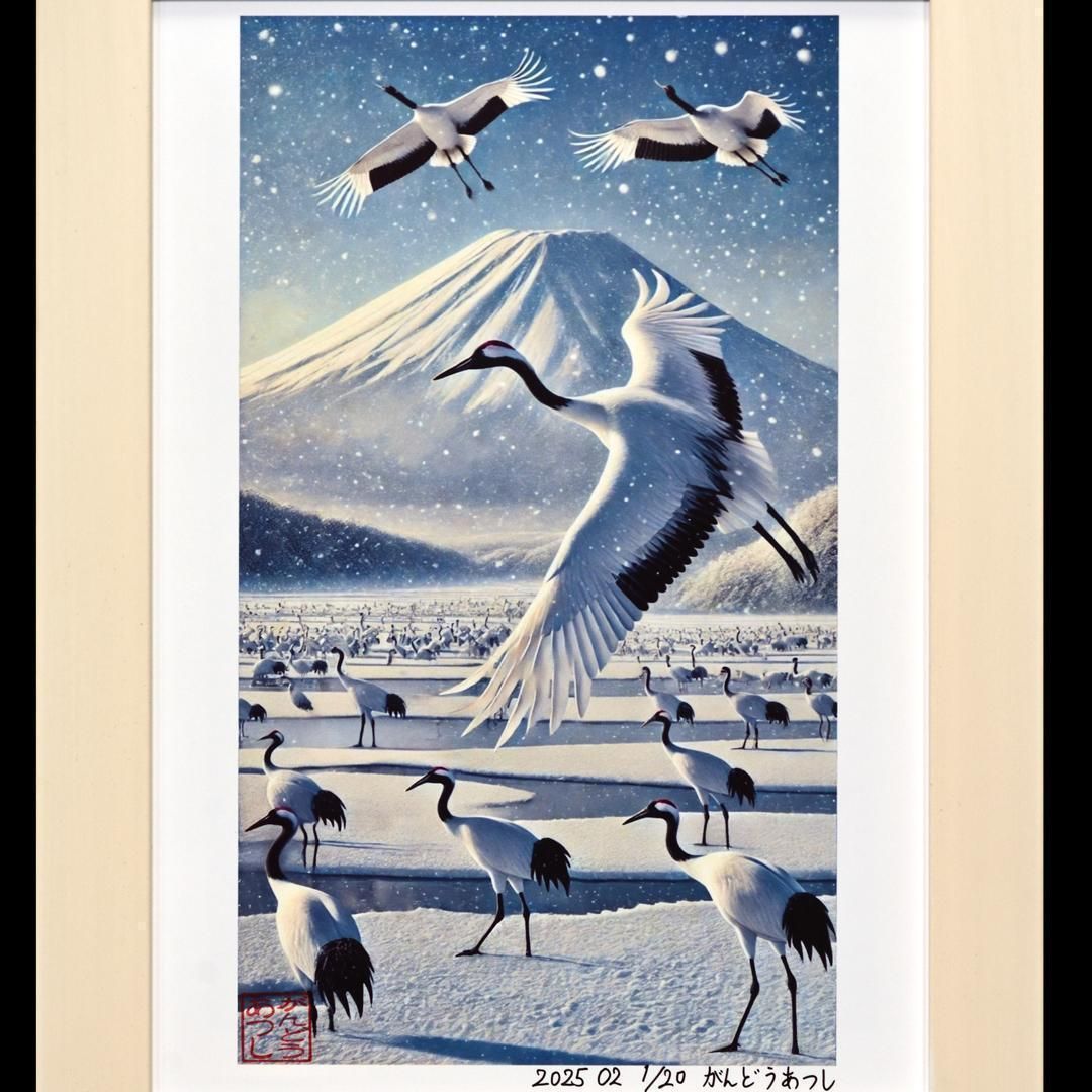 鶴(たづ)鳴き渡る富士【AI デジタル アート 富士山】A4額装品がんどうあつし 鶴(たづ)鳴き渡る富士【AI デジタル アート 富士山】A4額装品がんどう