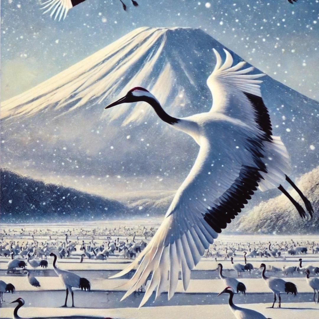 鶴(たづ)鳴き渡る富士【AI デジタル アート 富士山】A4額装品がんどうあつし 鶴(たづ)鳴き渡る富士【AI デジタル アート 富士山】A4額装品がんどう