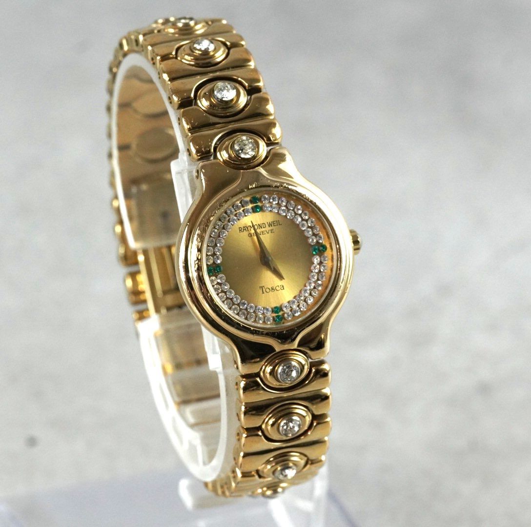 RAYMOND WEIL GENEVE Tosca レイモンドウェイル トスカ 18 KGP ゴールド ジュエリーウォッチ ラインストーン グリーン ヴィンテージ アンティーク antique 稼働品