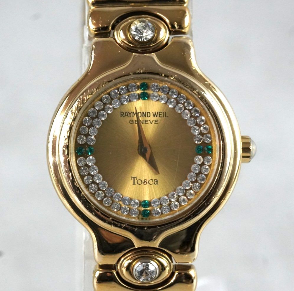  RAYMOND WEIL GENEVE Tosca レイモンドウェイル トスカ 18 KGP ゴールド ジュエリーウォッチ ラインストーン グリーン ヴィンテージ アンティーク antique 稼働品 腕時計(クォーツ) 腕時計(アナログ)