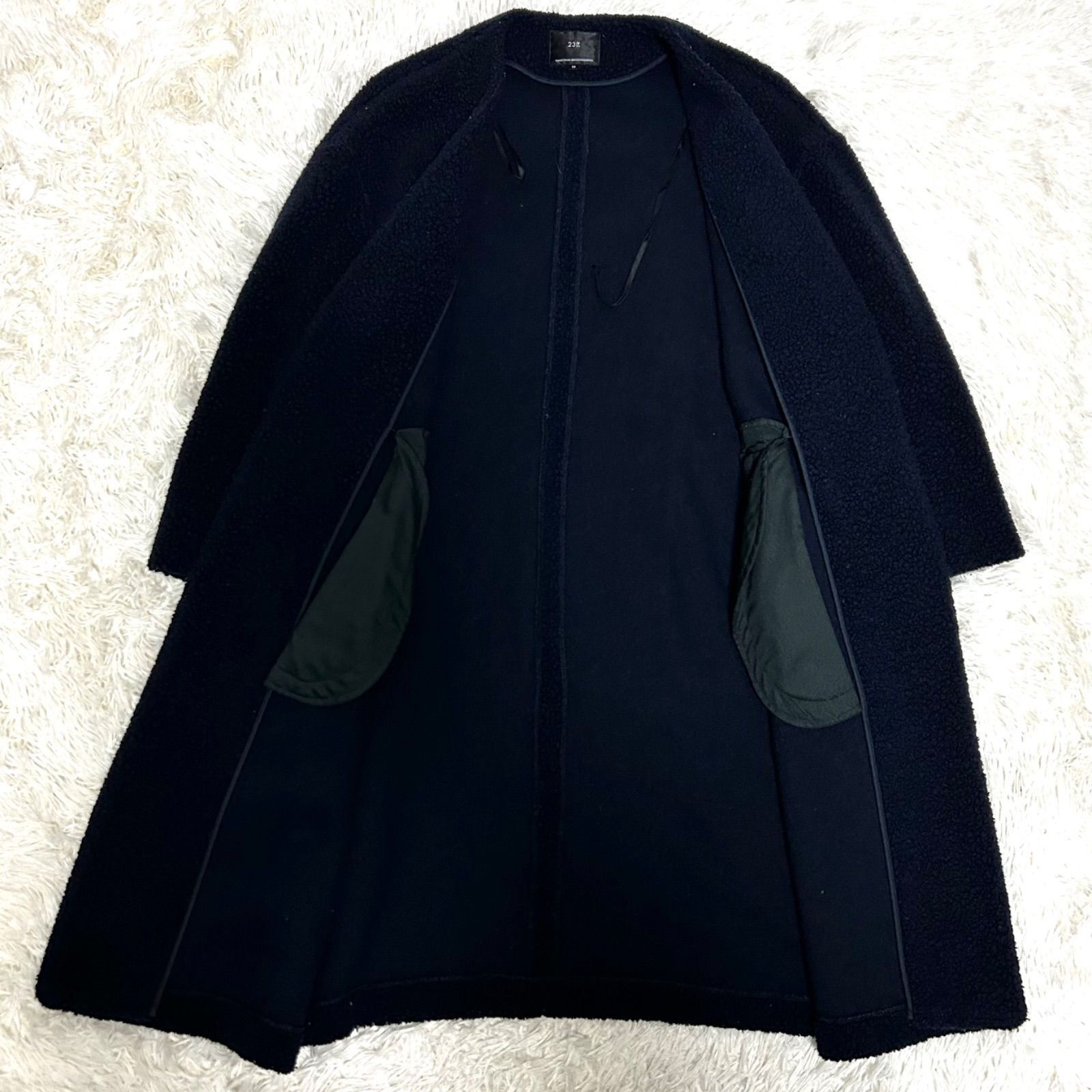 めぐ【新品タグ付】23区　ボアジャージーノーカラーコート　38 美品 23区 ボアジャージー ノーカラーコート 38 ネイビー - メルカリ