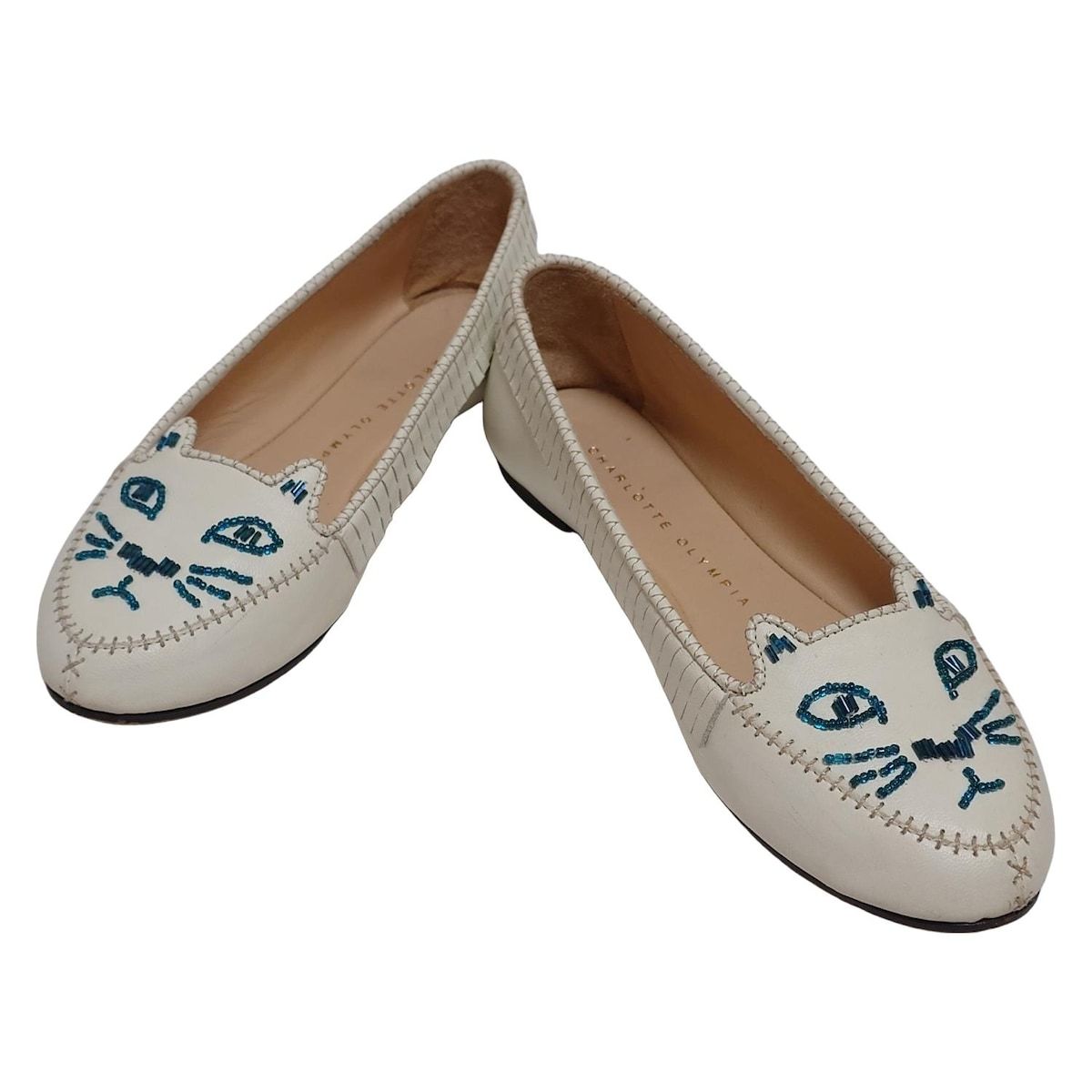 Charlotte Olympia シャーロットオリンピア フラットシューズ 35 1 2 レディース - 白×ブルーグリーン ビーズ アウトソール張替済 レザー