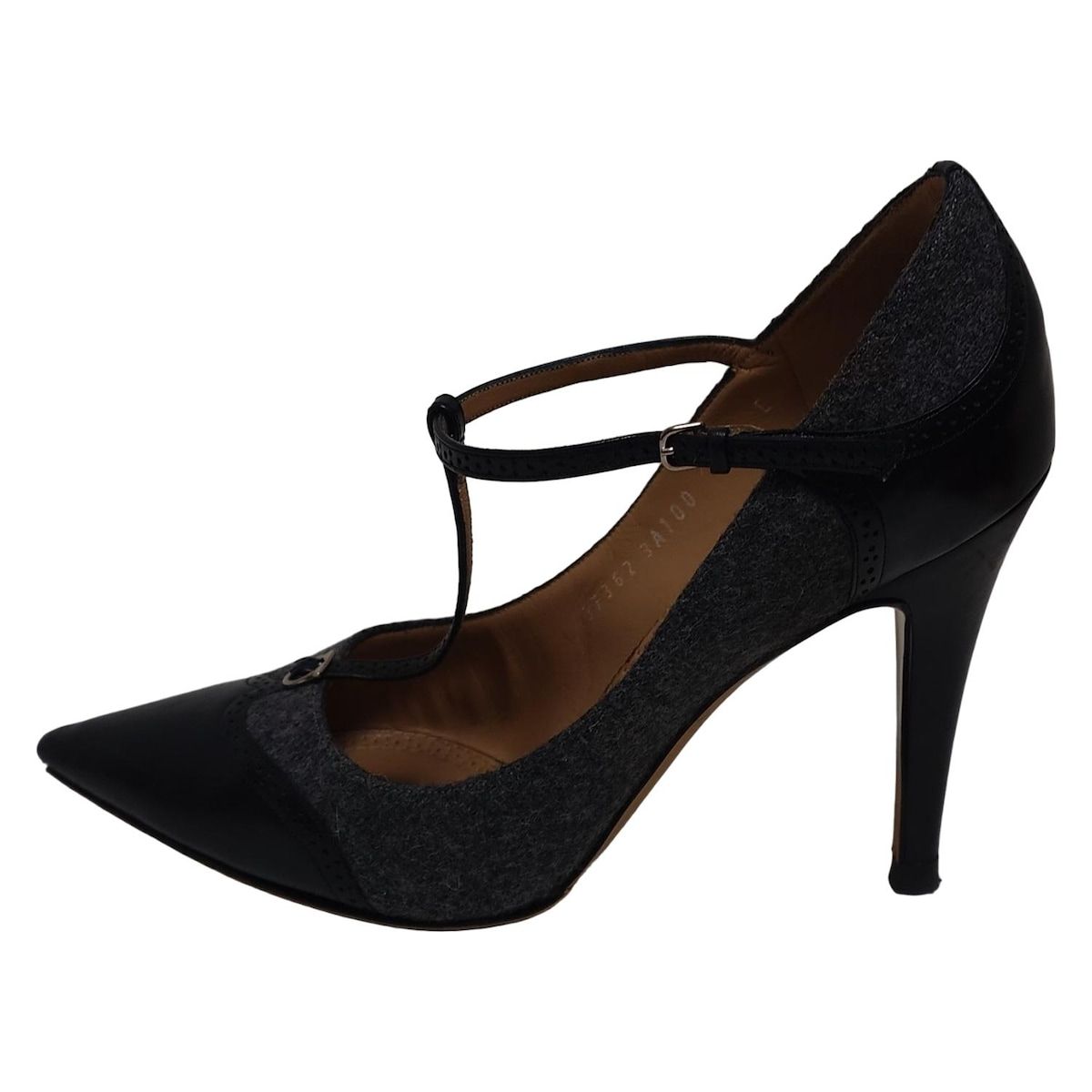 サルバトーレフェラガモ パンプス 6 1 2 C レディース グレー 黒 ガンチーニ アウトソール張替済 ウール レザー