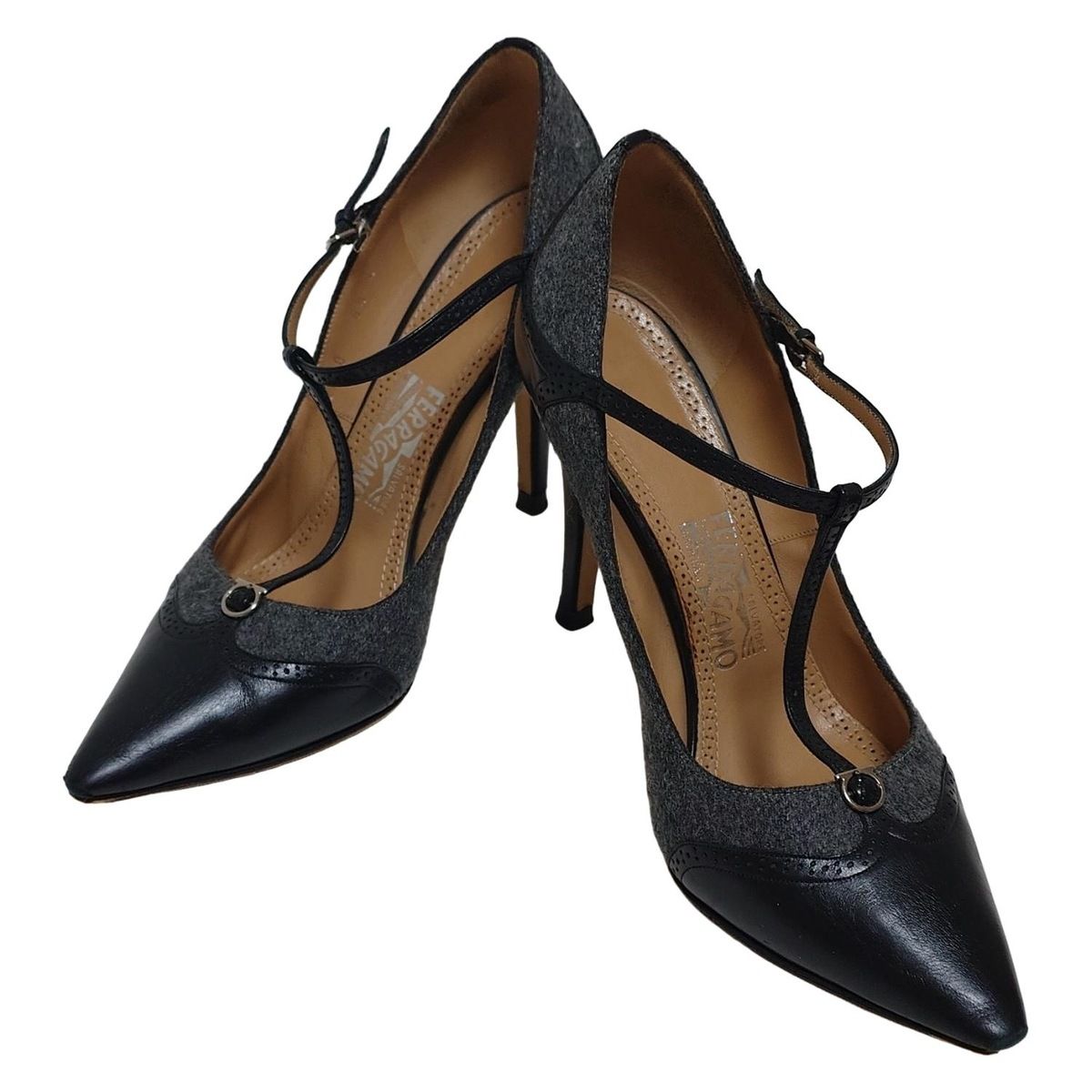 サルバトーレフェラガモ パンプス 6 1 2 C レディース - グレー×黒 ガンチーニ アウトソール張替済 ウール レザー