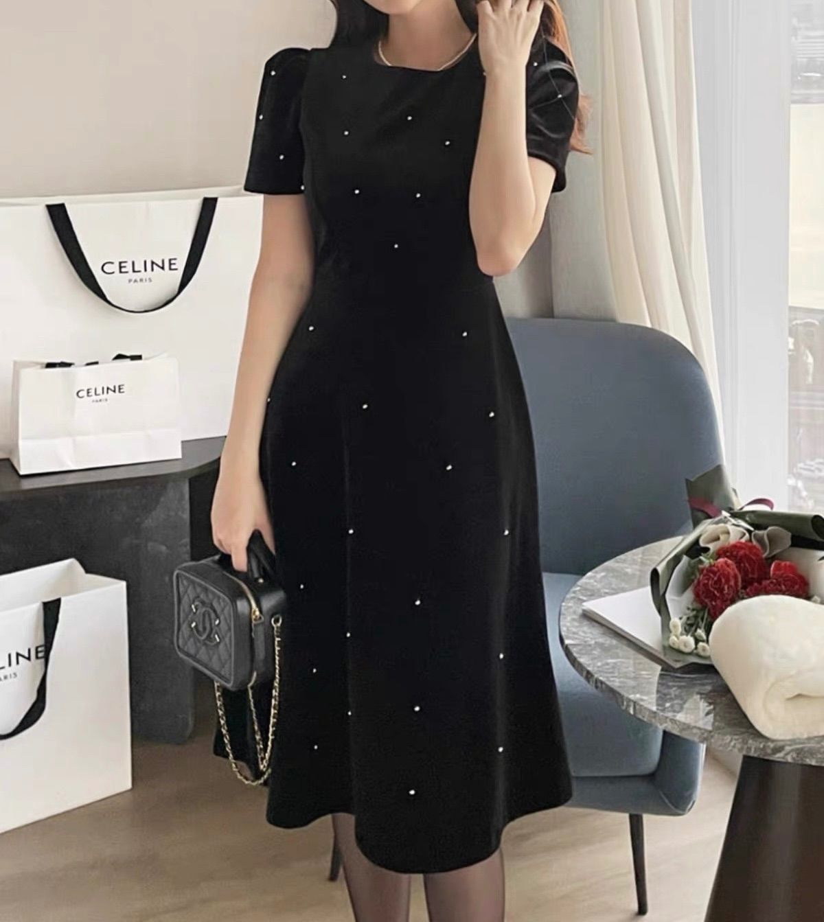 ベロア ロングワンピース 結婚式 パーティードレス お呼ばれ スタッズ ビジュー M L 黒 ブラック 秋冬