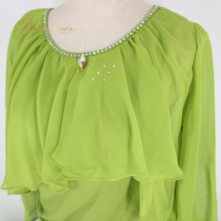 社交ダンス 衣装 上下セット ツーピース レッスンウェア パーティ衣装 黄緑 Roger ライトグリーン系 ビジュー ラインストーン おしゃれ 競技用 ダンスウェア 体型カバー フ スカート 快適素材 ゴムウエスト カジュアル セットアップ