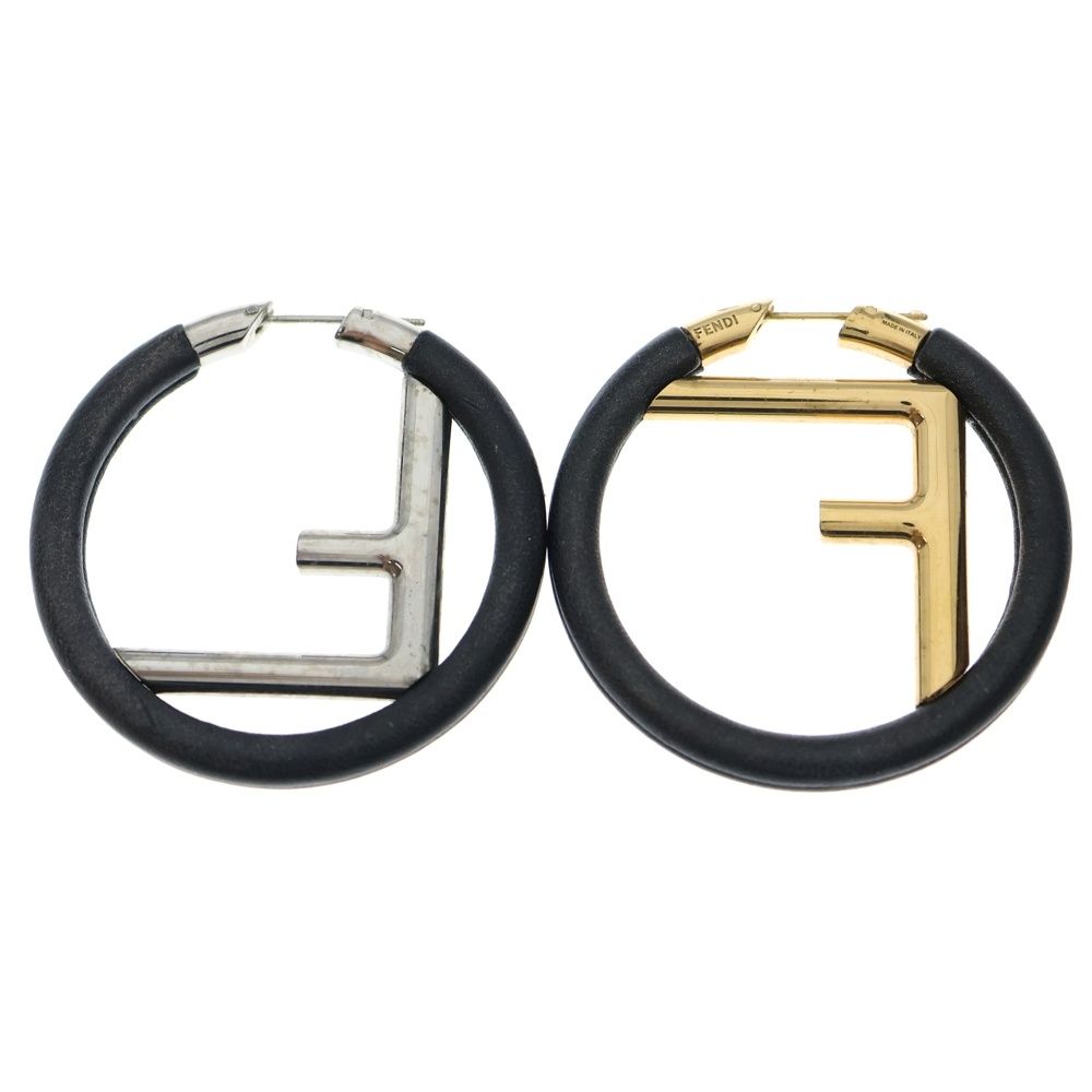 FENDI フェンディ エフイズフェンディ フープピアス レザー×GP×シルバー ブラック×ゴールド