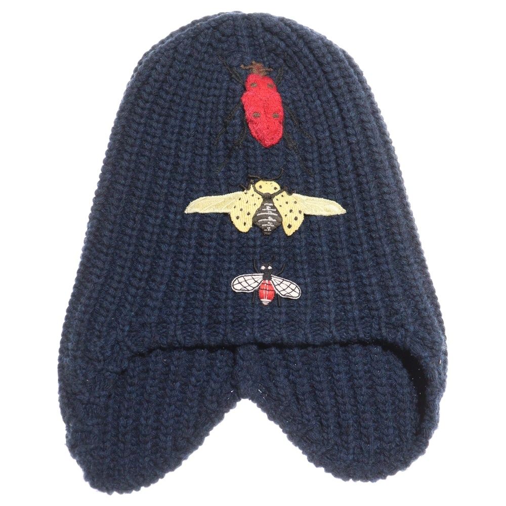 GUCCI グッチ Insect Embroidery Beanie インセクトエンブロイダリービーニー レディースモチーフ刺繍ニットキャップ 帽子 ネイビー