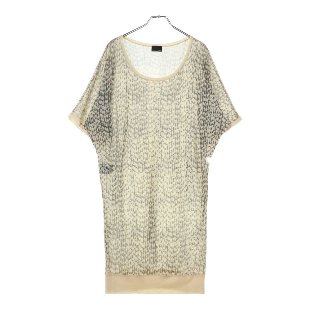 FENDI フェンディ 総柄プリント カシミヤ 半袖ニット ワンピース ベージュ レディース