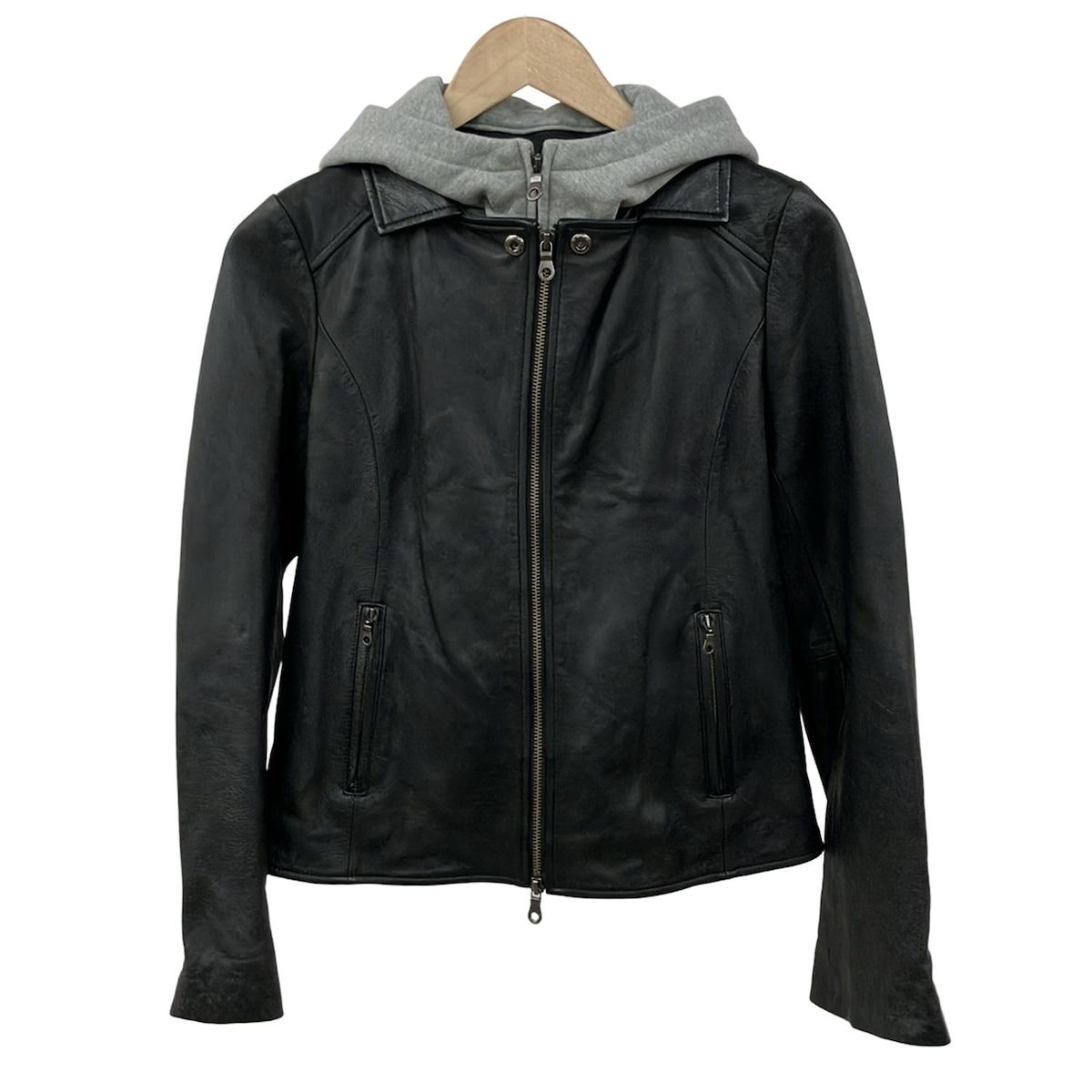 バーニーズ ライダースジャケット サイズ40 M レディース 黒 グレー 長袖 レザー フード着脱可 春 秋