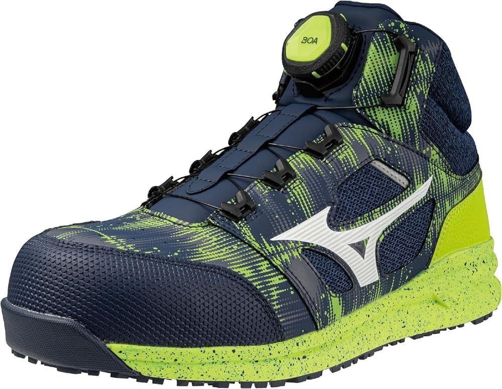 ミズノ 安全靴 オールマイティ LSII 73 M BOA ミッドカット 色 ネイビー×ホワイト×ライムイエロー 26.5 cm