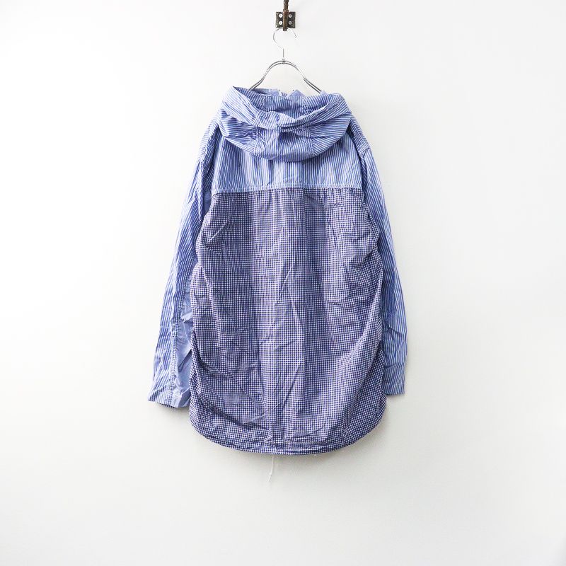 コムデギャルソン オム COMME des GARCONS HOMME ストライプ チェック パッチワークプルオーバーパーカー S ブルー┃