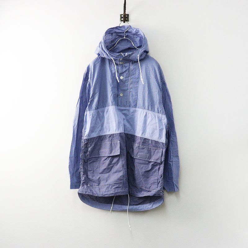 コムデギャルソン オム COMME des GARCONS HOMME ストライプ チェック パッチワークプルオーバーパーカー S ブルー┃