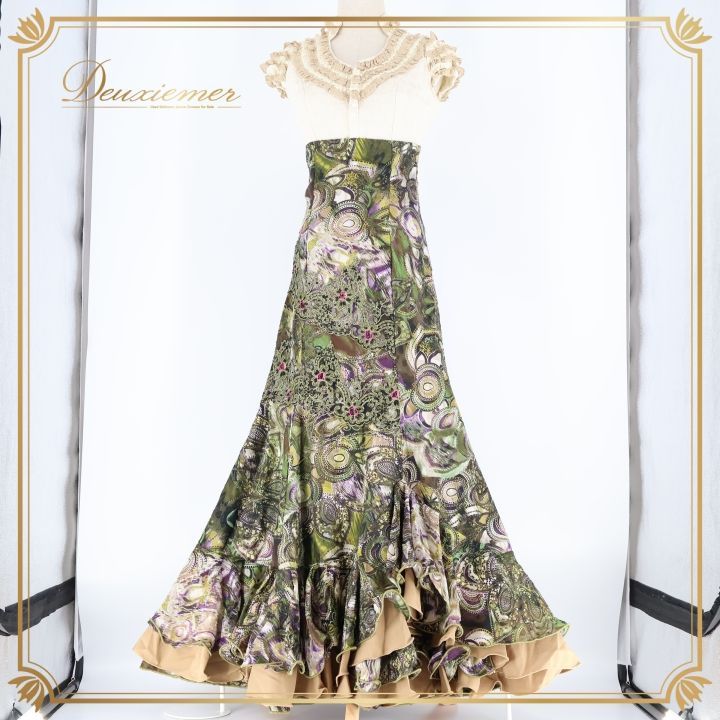 フラメンコ 衣装 ツーピース セットアップ トップス ファルダ スカート CANELA PURA 緑 ボランテ フリル レース アイボリー ホワイト系 グリーン系 フラメンコ衣装 感 着回し フリルスカート スカートファルダ