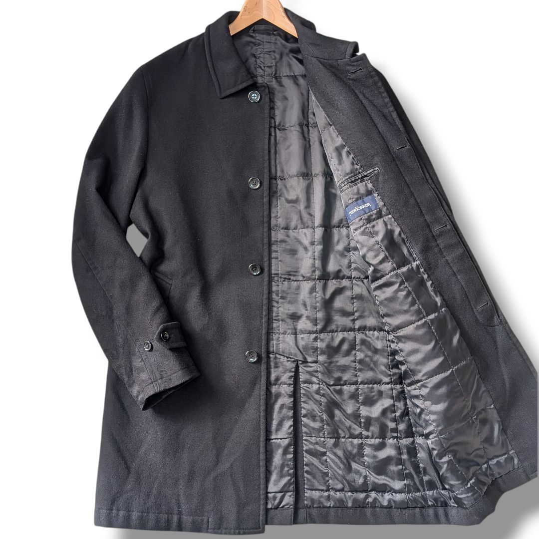 カシミヤ混/希少XL】NEWYORKER ニューヨーカー ステンカラーコート ヘリンボーン 中綿入り キルティング LL ブラック 黒, image size:1080x1080