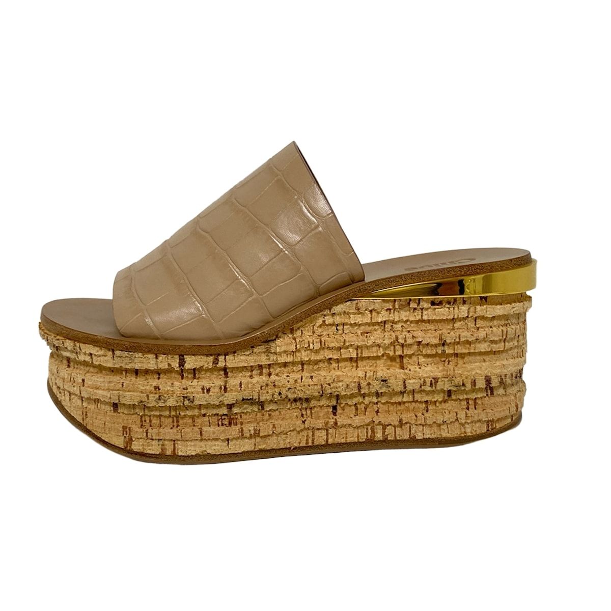 Chloe クロエ ミュール レディース - ベージュ 型押し加工 ウェッジソール アウトソール張替済 レザー