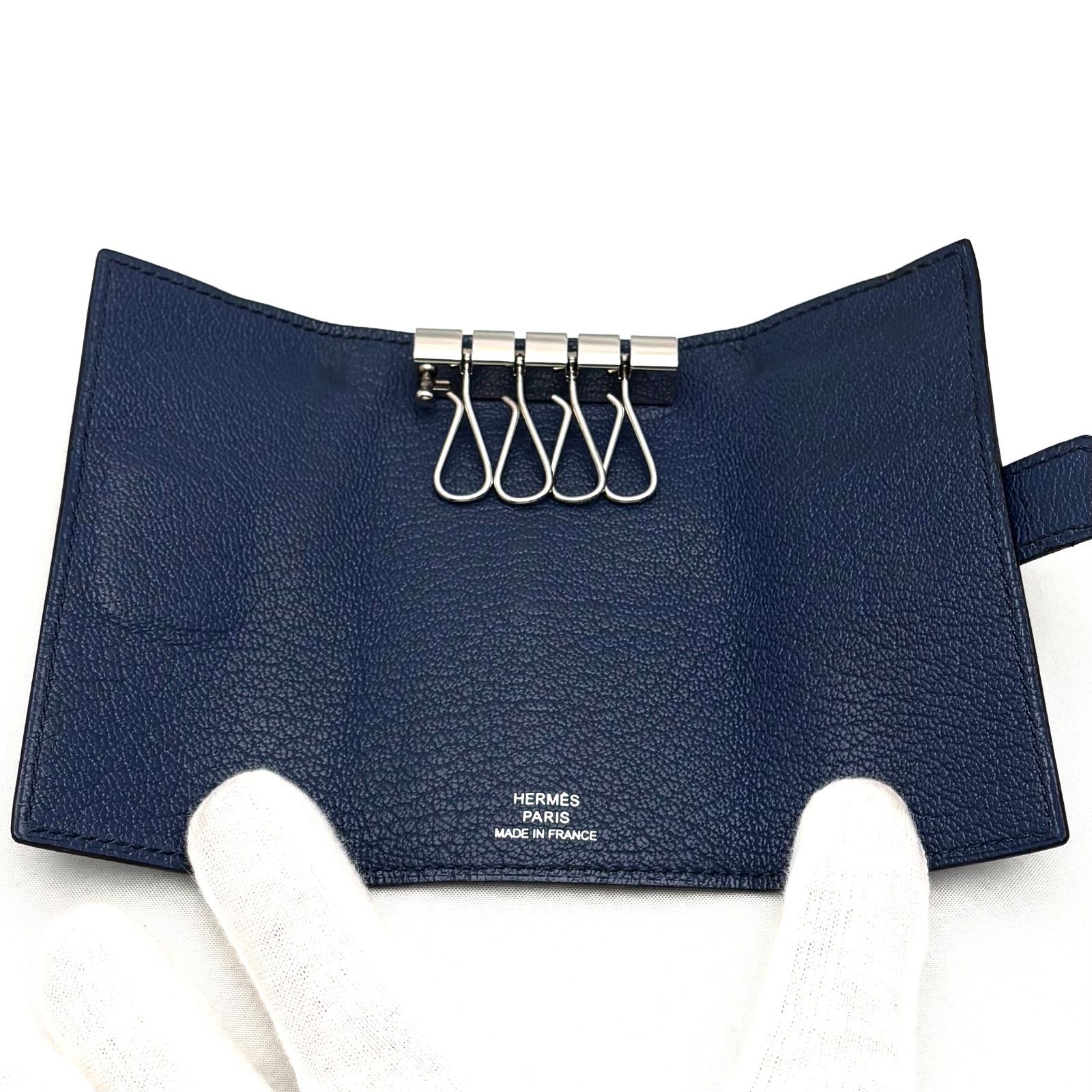級 HERMES ベアン キーケース ネイビー パラジウム金具 き