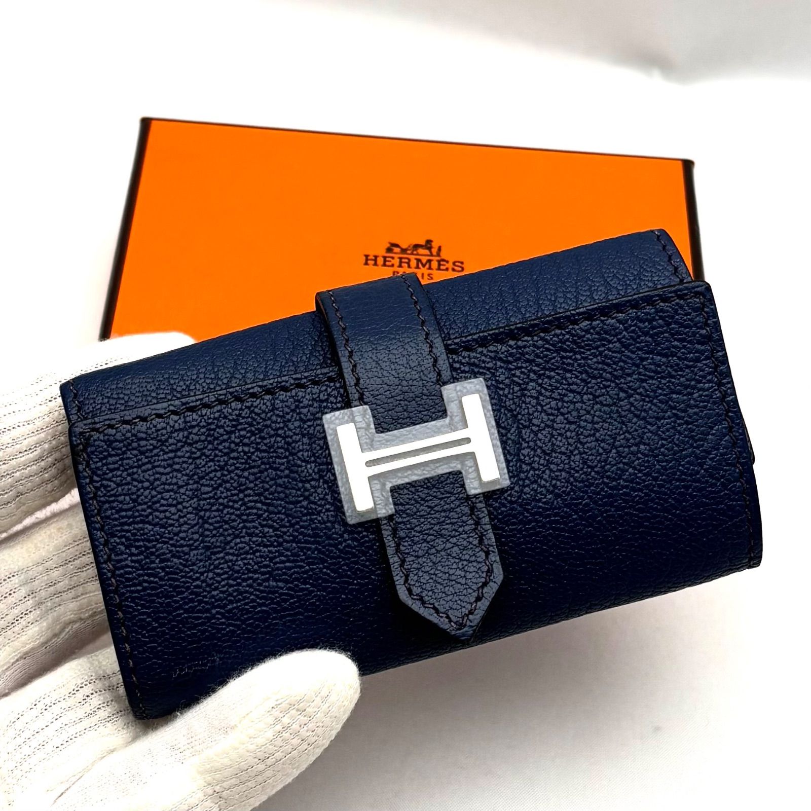 級 HERMES ベアン キーケース ネイビー×パラジウム金具 き