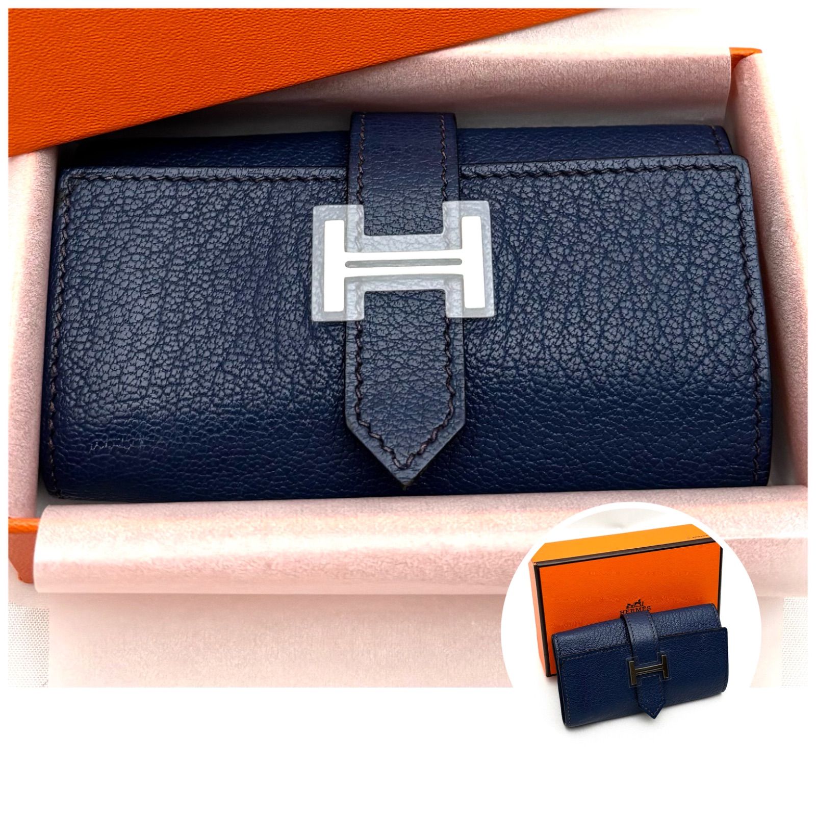  級 HERMES ベアン キーケース ネイビー パラジウム金具 き キーケース 小物