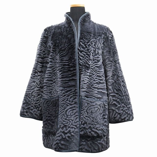 リアルファー 毛皮 コート ジャケット ブルゾン レザーパイピング スタンドカラー 紺 ネイビー レディース