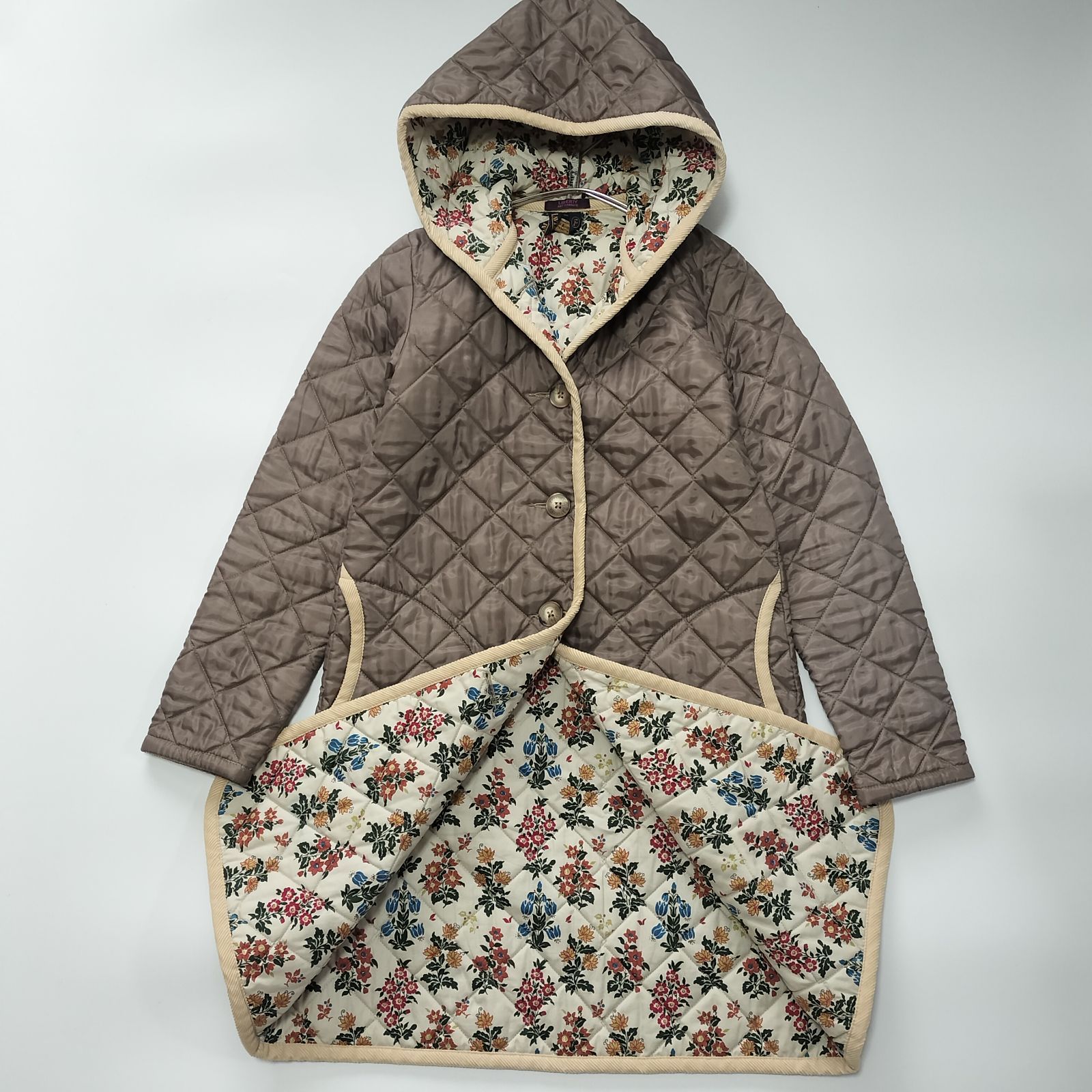 LIBERTY キルティング ロング コート サイズ36 Sサイズ相当 ベージュ グレージュ 英国製 イギリス製 BRUNDON ブランドン スプリングコート リバティ柄 花柄 フーデットコート ラベンハム