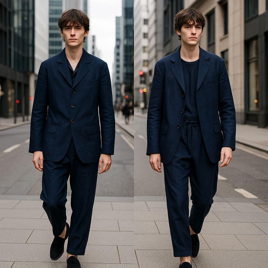 Yohji Yamamoto POUR HOMME ヨウジヤマモトプールオム 2025 SS セットアップスーツ シングル テーラードジャケット オーバーサイズ スラックスパンツ テーパードシルエット イージー ウエストゴム ブルー系 Lサイズ相当