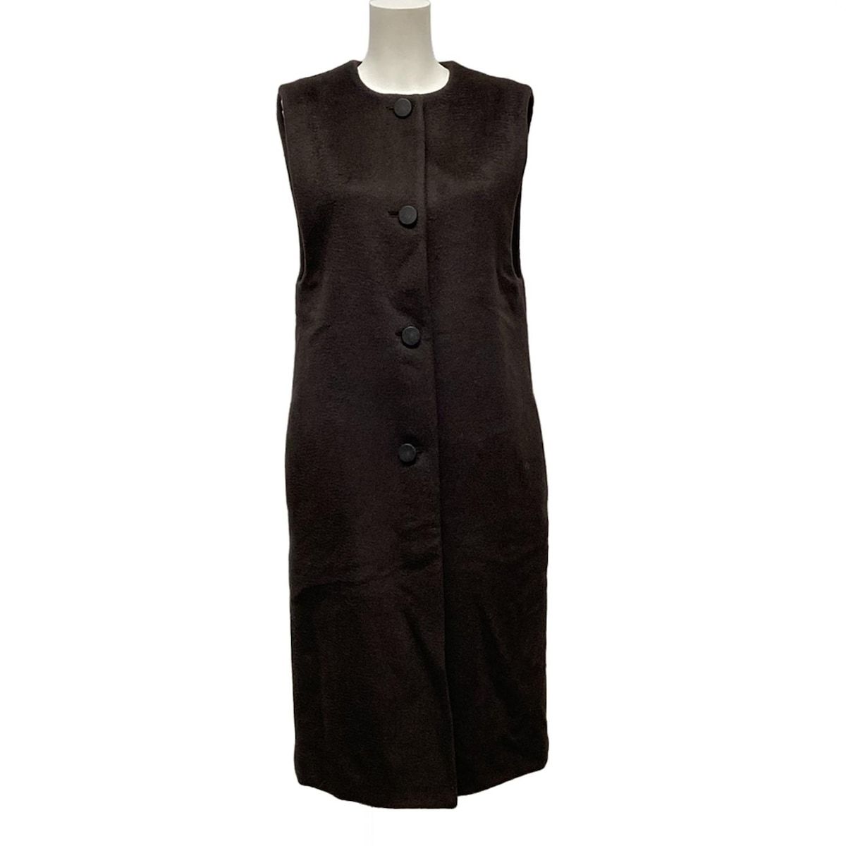 HERMES エルメス ベスト サイズ34 S レディース ダークブラウン ロング丈 中綿 ウッドボタン ウール アルパカ
