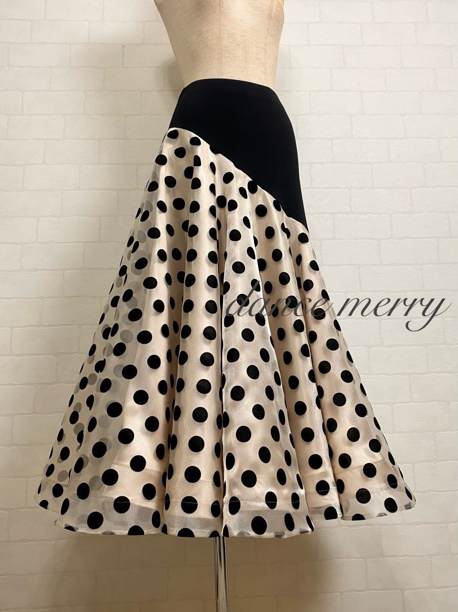 新品　豪華　社交ダンス　スカート　ベージュ　黒　水玉　パーティ　タンゴ　7322 新品 豪華 社交ダンス スカート ベージュ 黒 水玉 パーティ タンゴ 7322