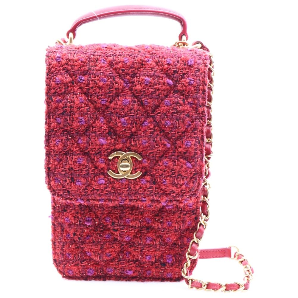 新品未使用】CHANEL レッド 赤 ラメ ツイード チェーン バッグ