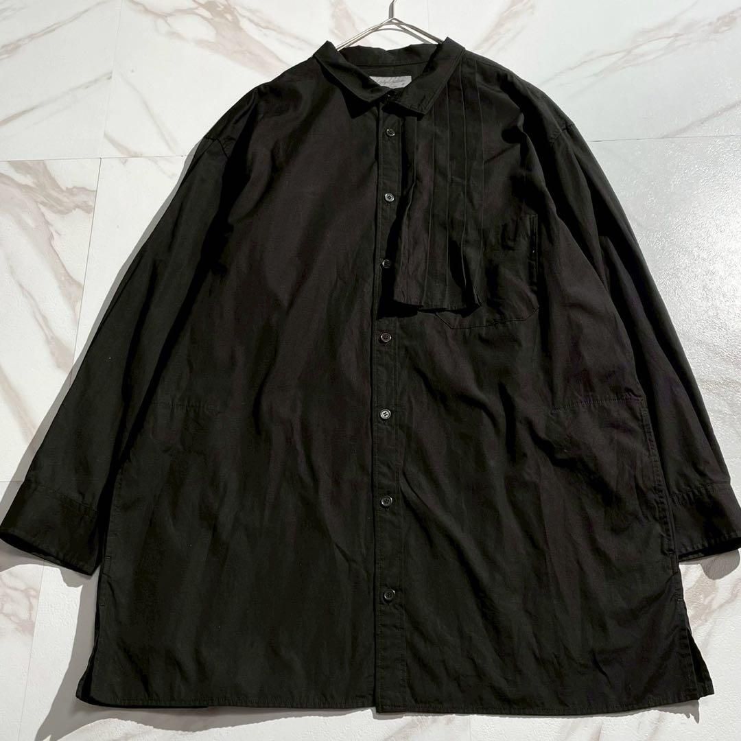 Yohji Yamamoto POUR HOMME ヨウジヤマモトプールオム 2025 SS プリーツ加工 ロング丈 ブラック 黒 ロングシャツ 長袖シャツ オーバーサイズ ビッグシルエット メンズ 近年モデル