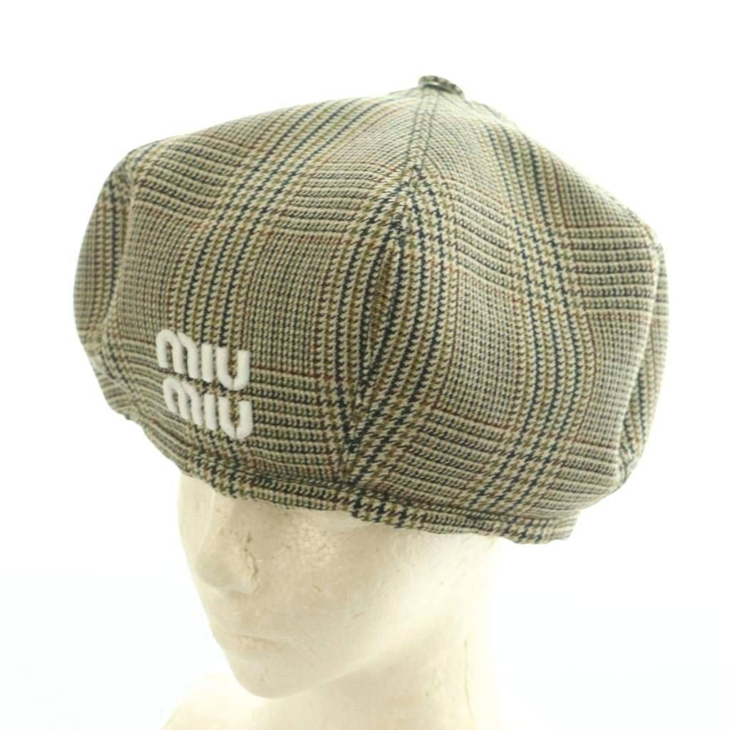 ミュウミュウ miumiu ロゴ刺繍 グレンチェック ベレー帽 帽子 5 HC 075 AQ OS OH