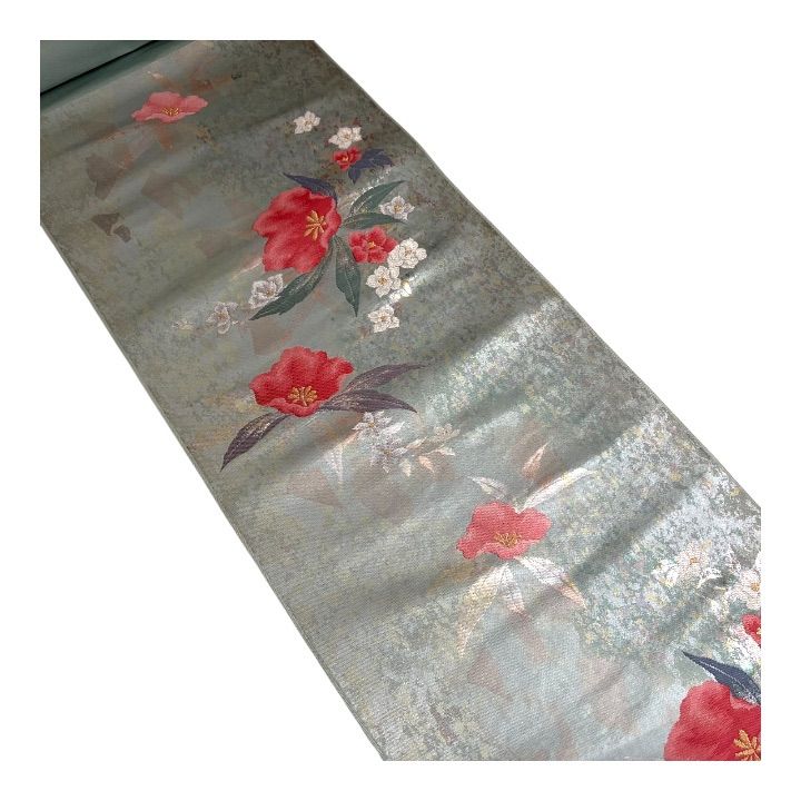 処分価格 アンティーク 正絹 九寸名古屋帯 反物 未仕立て 引箔 ペパーミントグリーン 花柄 お仕立て可