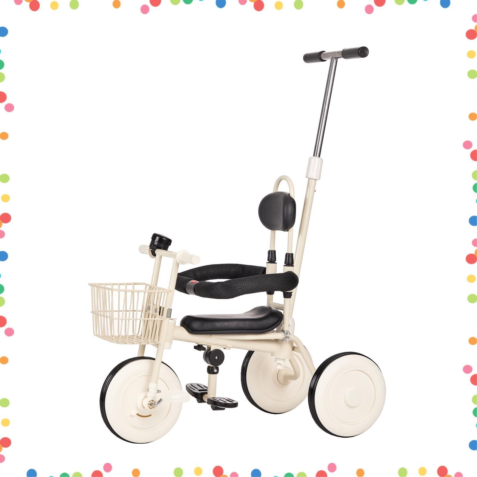 子供用三輪車 手押し プレゼント カゴ付き 男の子 3歳 2歳 女の子 1歳 おしゃれ バッグ-傘 手押し棒付き かわいい レトロ三輪車 シンプル monozu