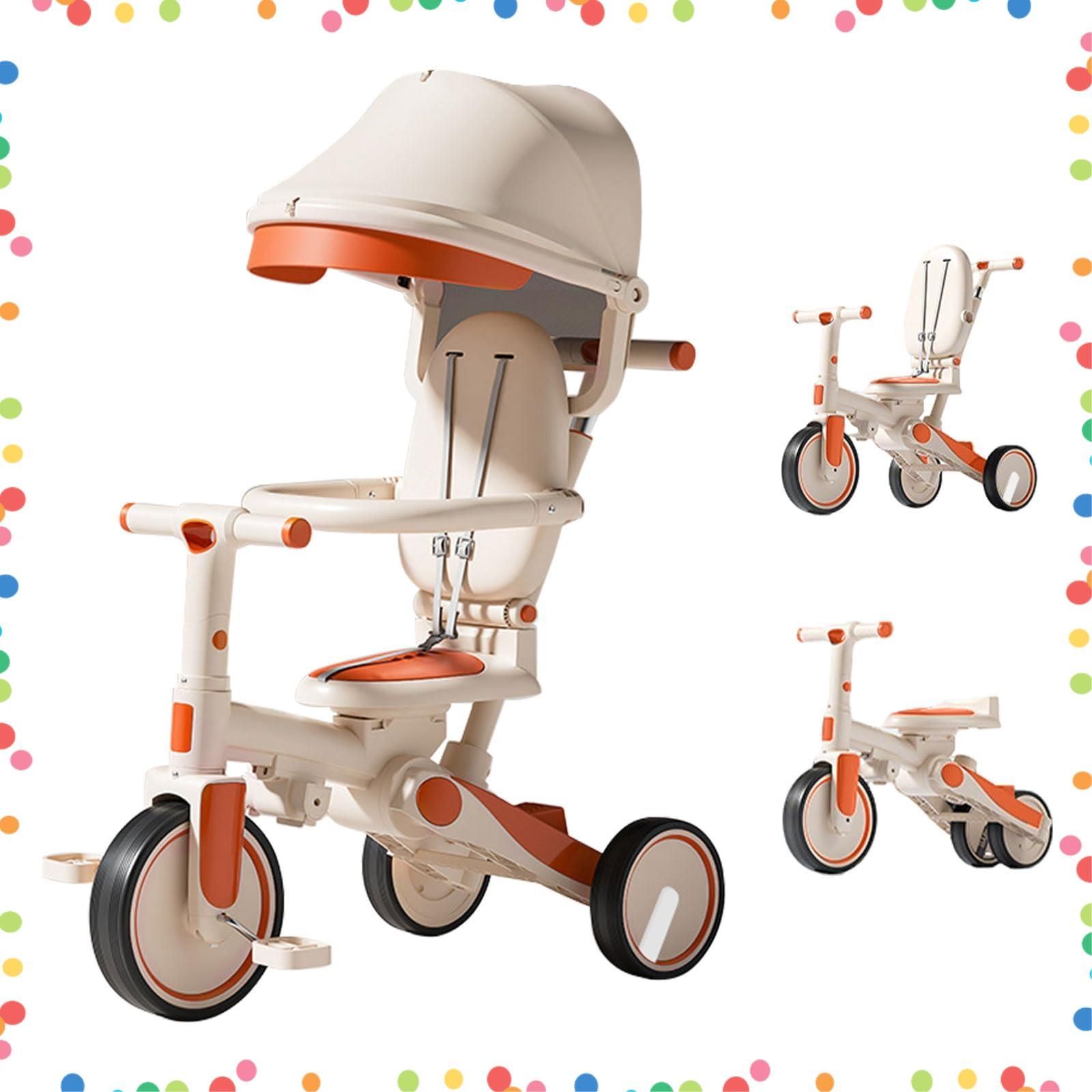 2 6歳 コンパクト 乗用玩具 おしゃれ 子供プレゼント 背もたれ付き シートベルト付き カバー 日除け 出産祝い 手押し棒付き 自転車 ベビーカー 8 in 1 オレンジ 折りたたみ 子供三輪車 PAKESI