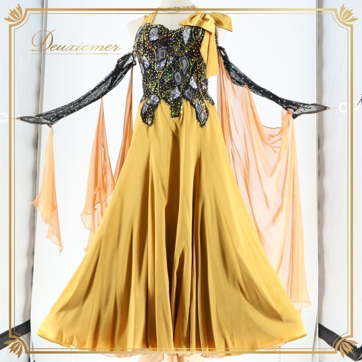 社交ダンス 衣装 タカダンス TAKDANACE ドレス ワンピース ゴールド 金 黒 ブラック フロート レース 光沢 デモ 競技 ダンス パーティ 発表会 ブラック系 ゴールド系 感 大きなリボン ペチコート