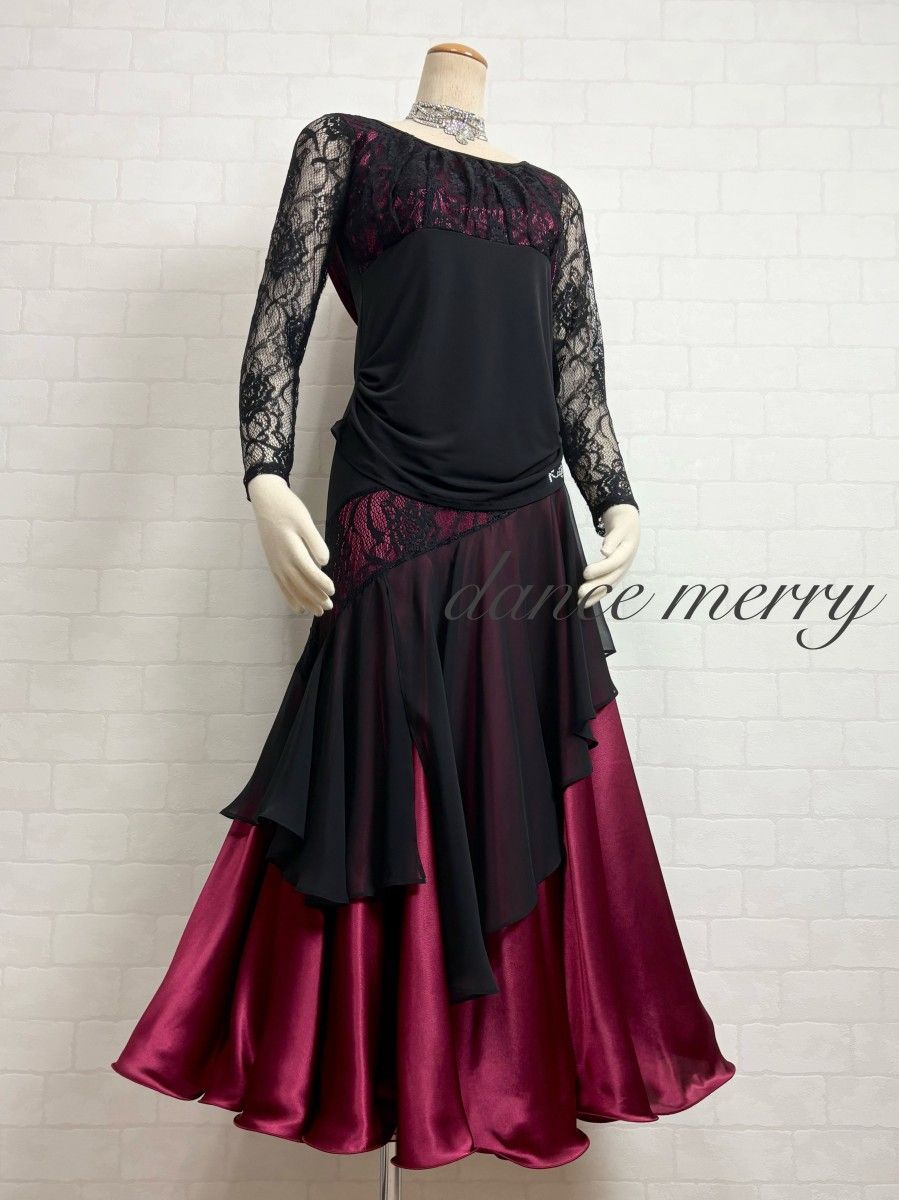 MERRY 社交ダンス 豪華 ツーピース セットアップ 黒 赤 ワイン サテン レース タンゴ 1482