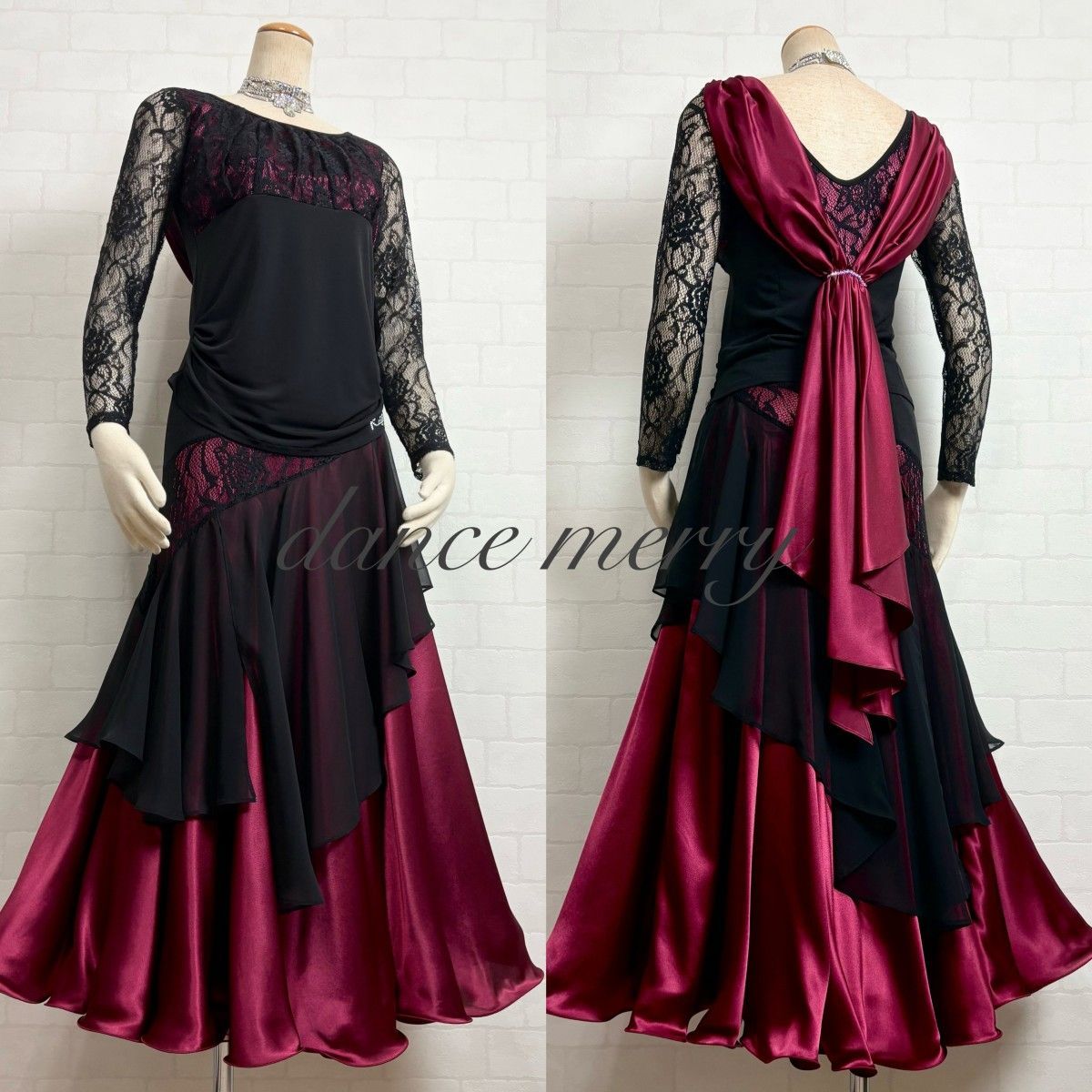 MERRY 社交ダンス 豪華 ツーピース セットアップ 黒 赤 ワイン サテン レース タンゴ 1482