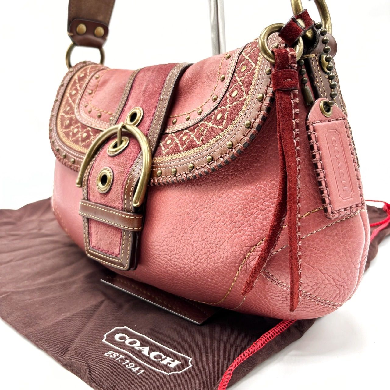 COACH Y 2 K pink suede leather studs belt design shoulder bag unisex コーチ ショルダーバッグ