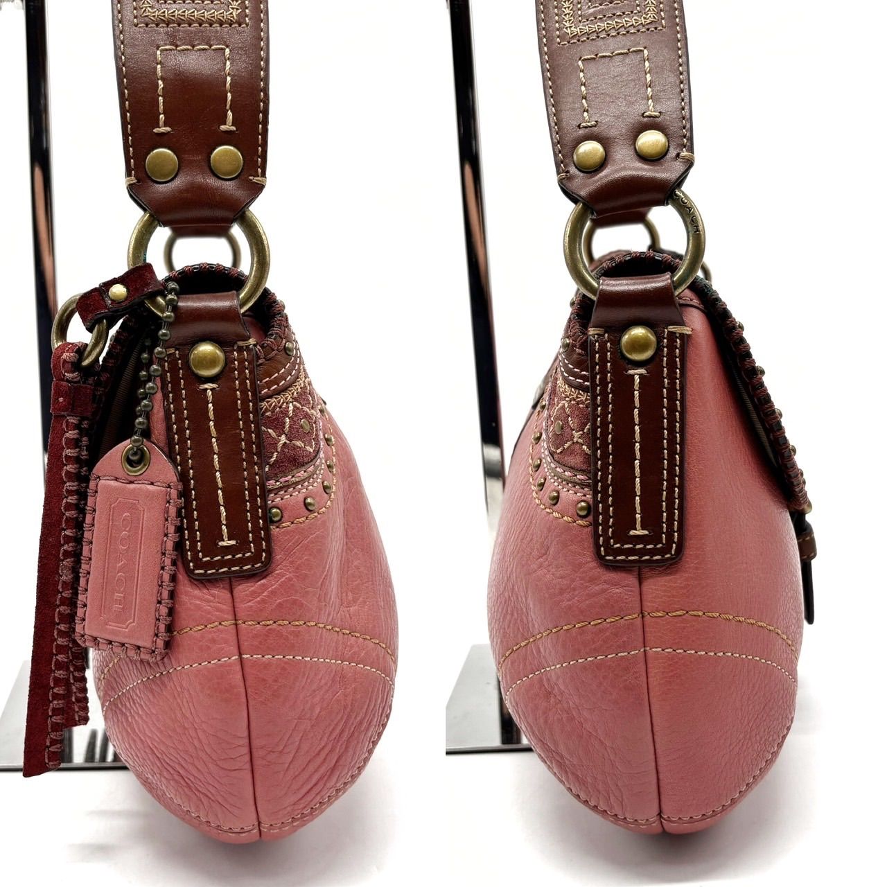 ✨良品✨ COACH Y2K pink suede leather studs belt design shoulder