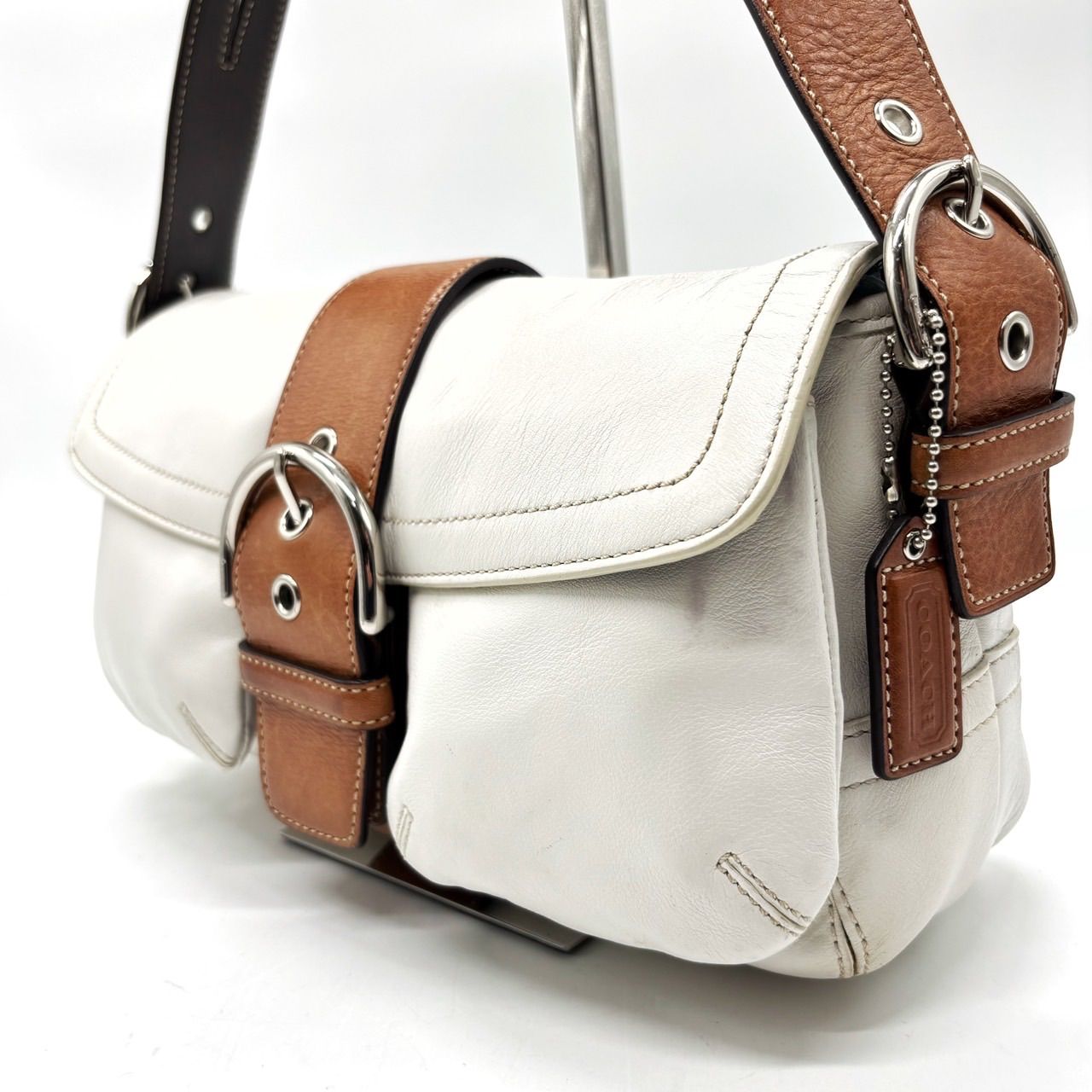 美品✨ COACH Y2K soho belt signature canvas leather beige white 