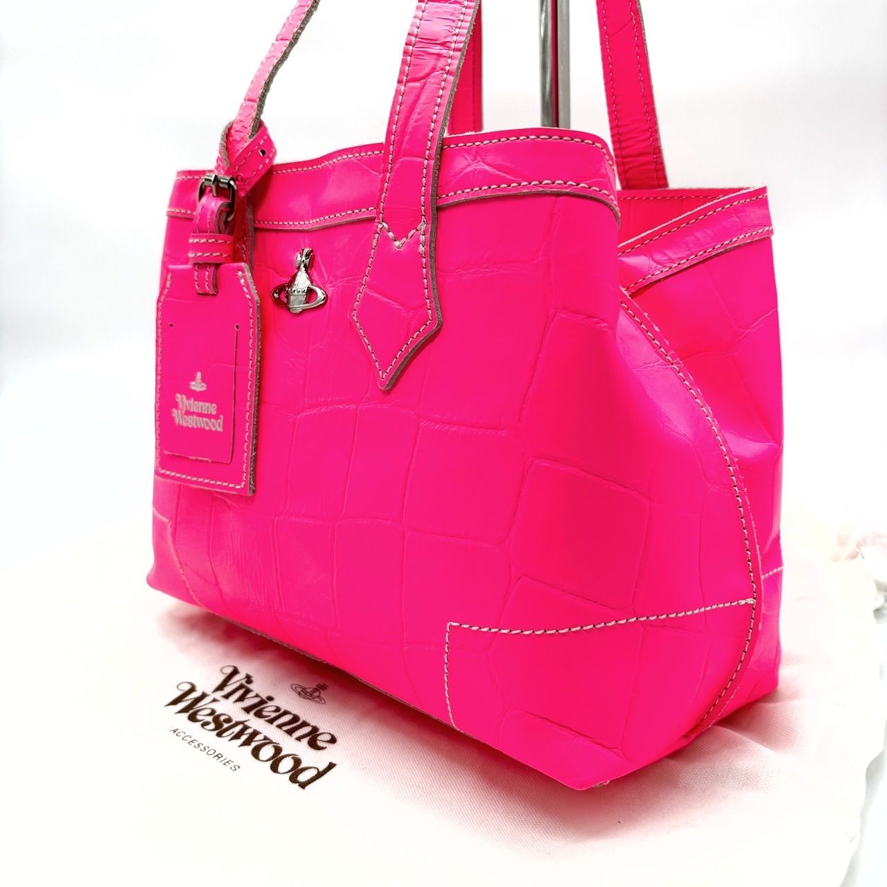 Vivienne Westwood Y 2 K ORB crocodile emboss shocking pink leather mini tote bag ヴィヴィアンウエストウッド トートバッグ ハンドバッグ ショルダーバッグ