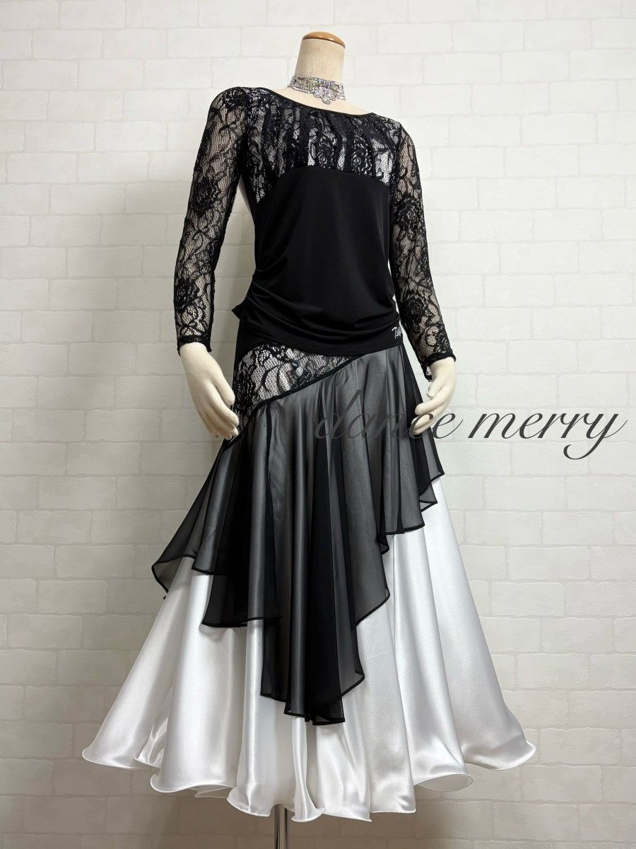 MERRY】新品 社交ダンス 豪華 ツーピース セットアップ 黒 白 サテン