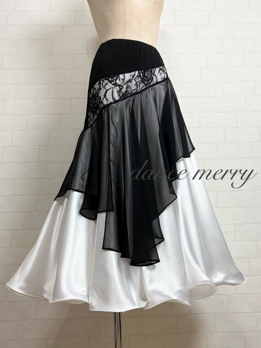MERRY】新品 社交ダンス 豪華 ツーピース セットアップ 黒 白 サテン