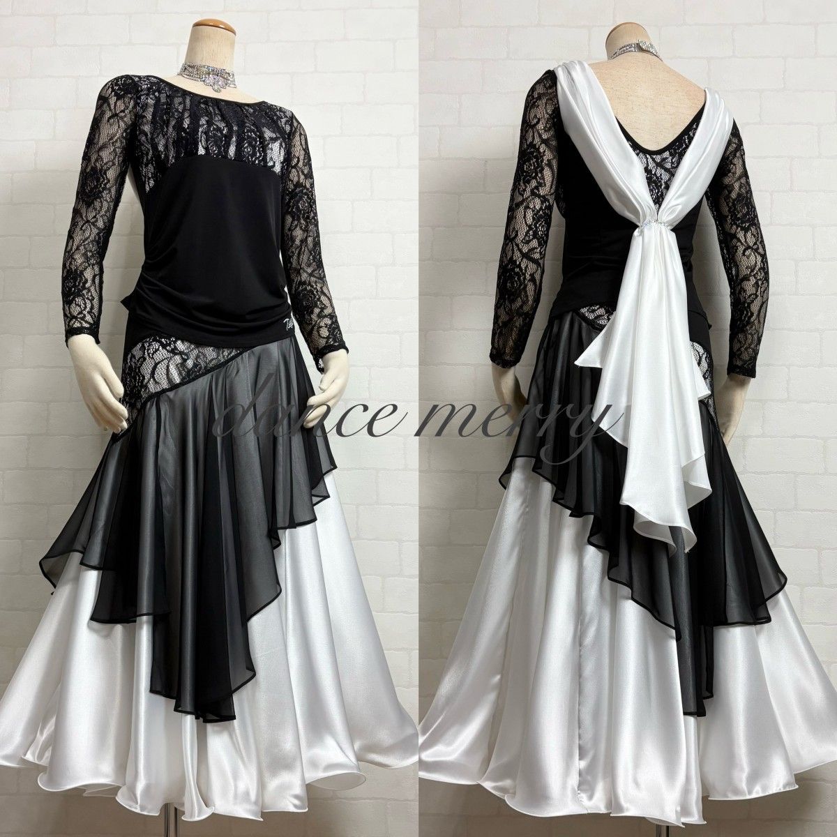 MERRY】新品 社交ダンス 豪華 ツーピース セットアップ 黒 白 サテン
