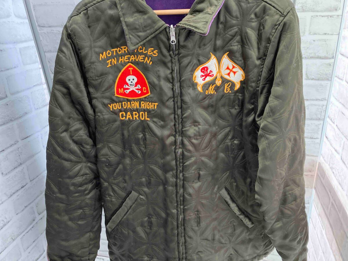 MWS 古着 リバーシブル 刺繍 スカジャン サイズL ポリエステル カーキ パープル